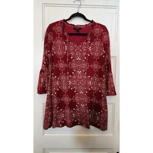 Style & Co. Women's M Red Blouse Tunic Mandala Pattern Boho Festival Cute